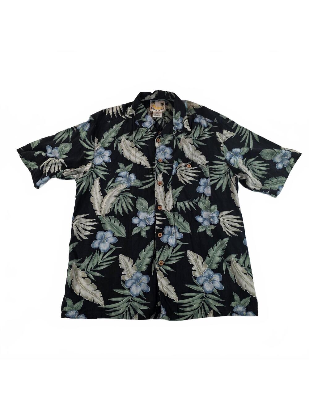 Banana Cabana Mens Large Black Hawaiian Silk Shirt Floral Tropical